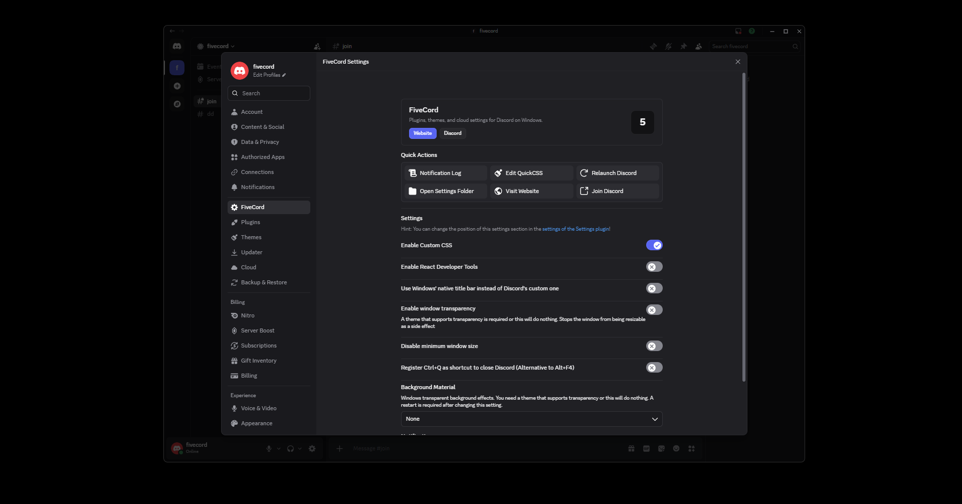 FiveCord settings inside Discord on Windows